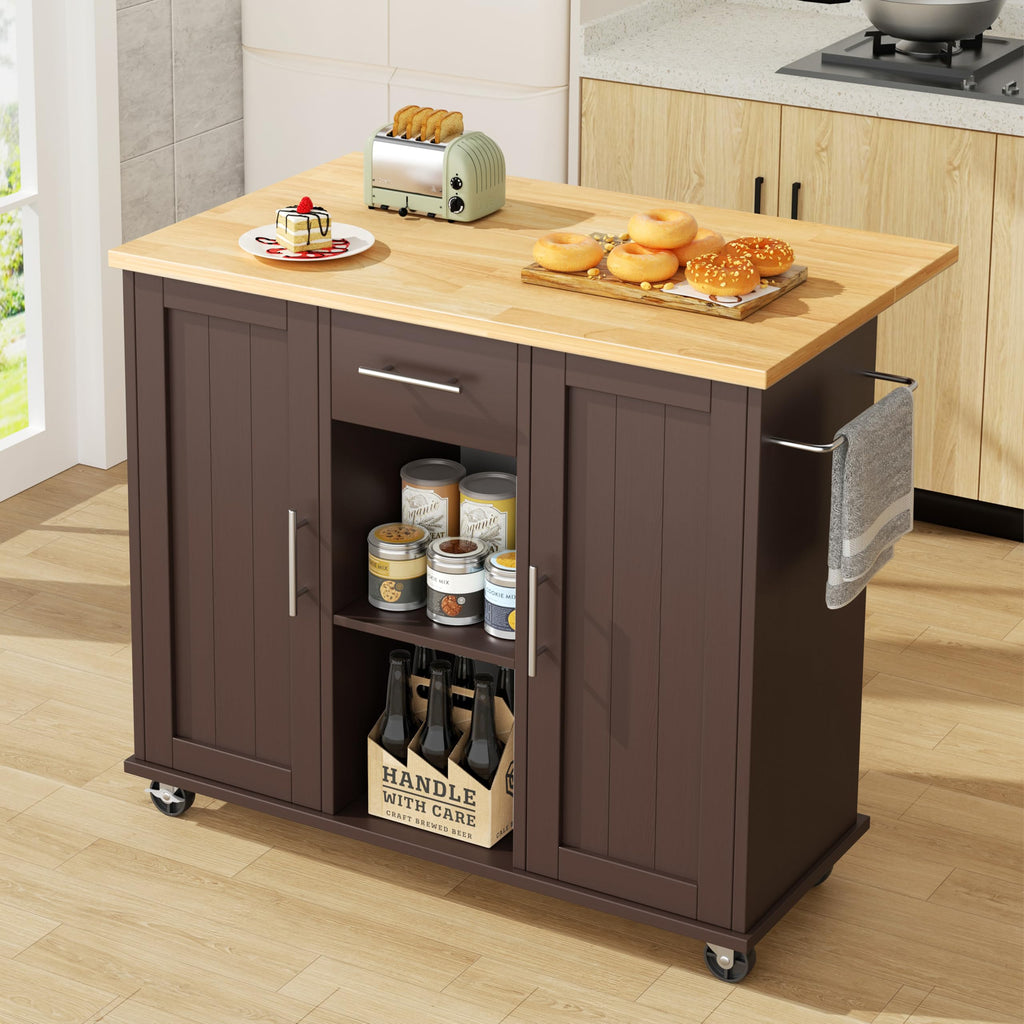 JY QAQA 42" Rolling Kitchen Island Cart with Storage, Drop Leaf Countertop, Drawers & Towel Rack, Mobile Kitchen Table on Wheels for Kitchen Dining Room, White