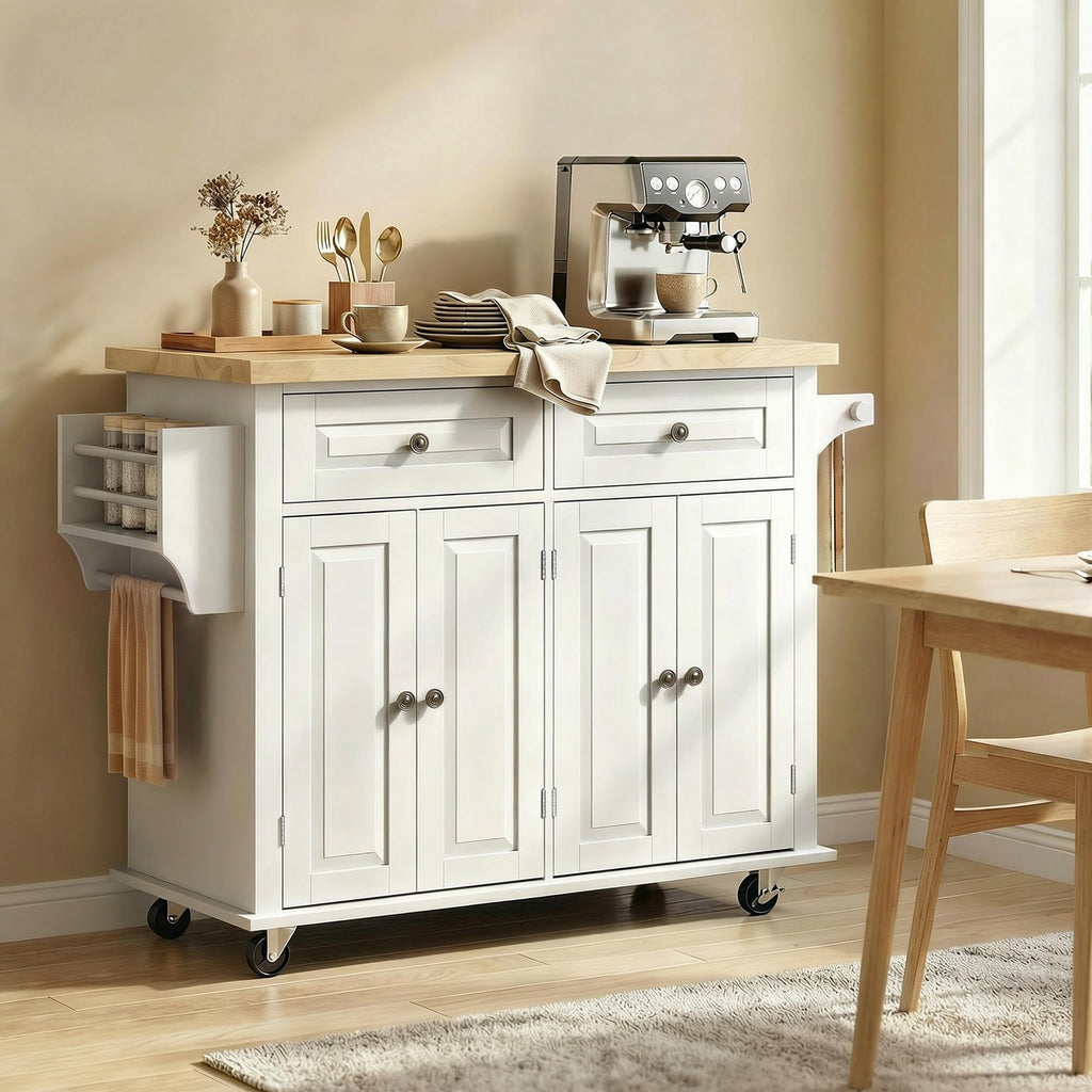 HOMCOM Kitchen Island Cart on Wheels with Solid Wood Top, 44" Cream White