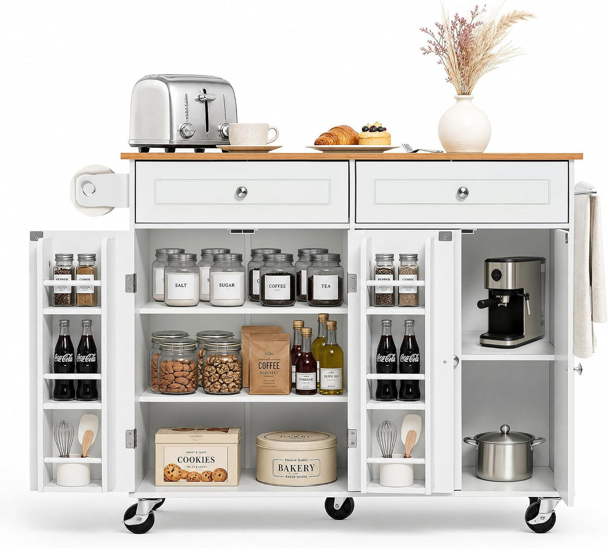 VEVOR Kitchen Island Cart with Storage, 47.64 in Wide Mobile Rolling Storage Island on Swivel Wheels, with 2 Drawers, Storage Cabinet, Drop Leaf, Towel Rack, Table for Home Dining Room, White