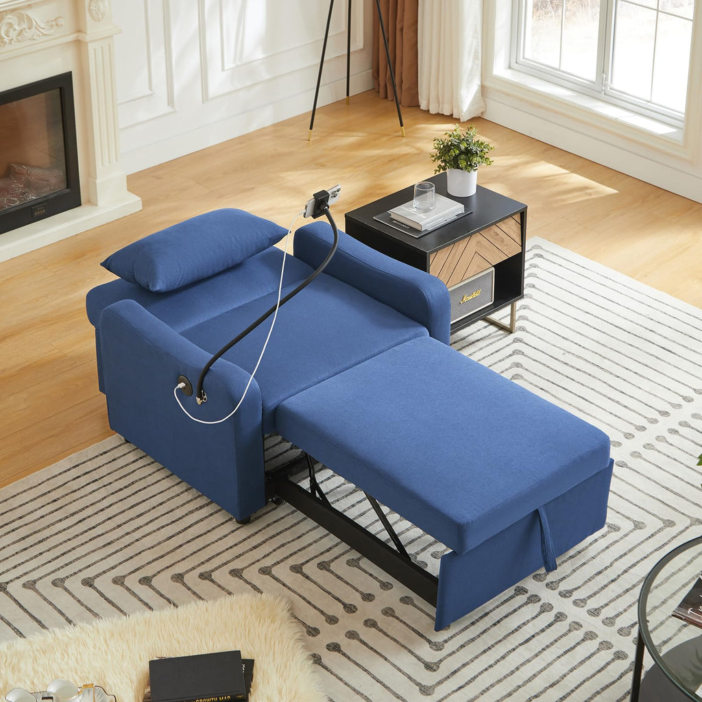 Convertible Single Sleeper Chair Bed,3 in 1 Velvet Futon Sleeper Sofa Bed with Phone Holder&USB Ports,Pull Out Couch Bed,Adjustable Recliner Armchair bed for Living Room,Office,Small Places(Grey)