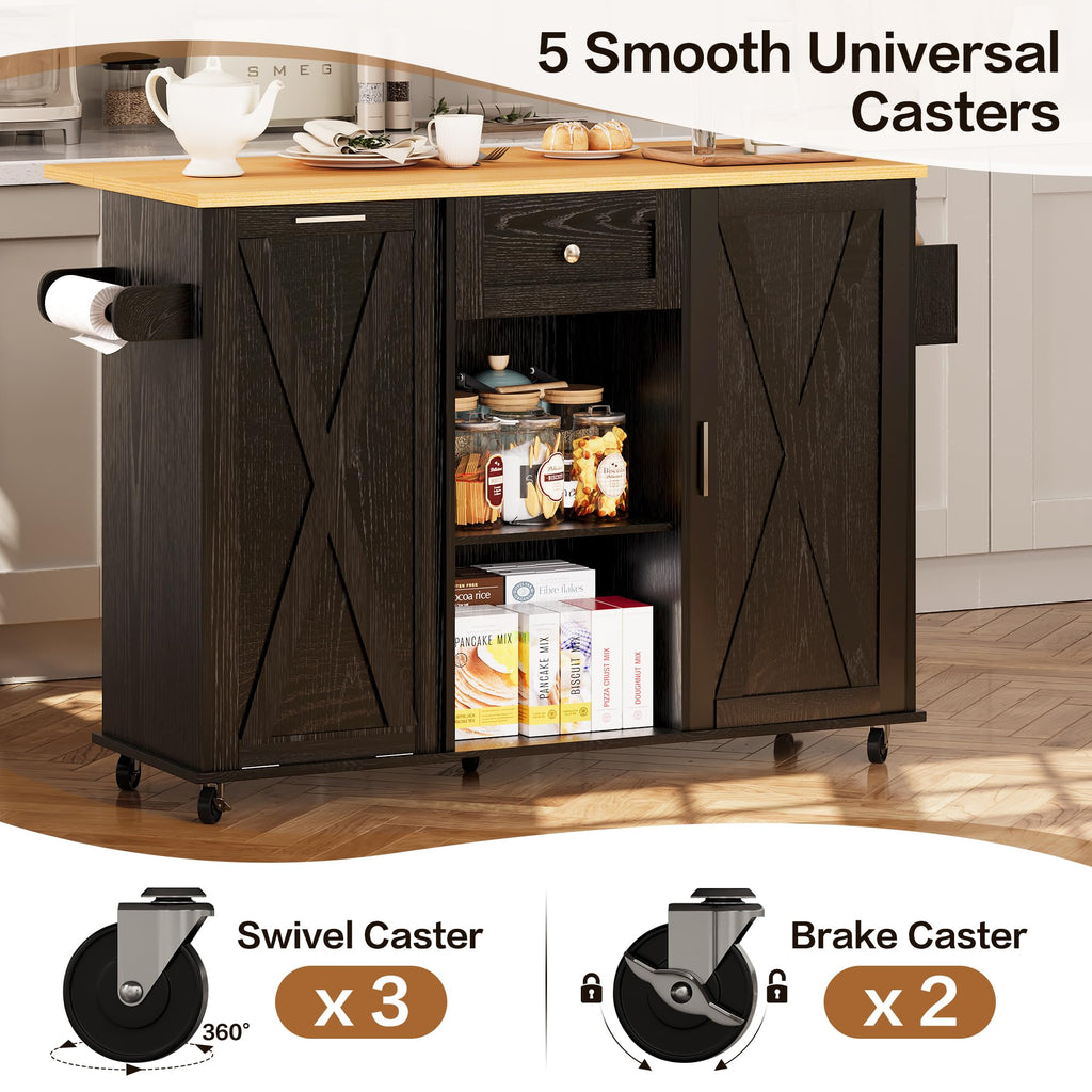 48" Modern Rolling Kitchen Island with Drop Leaf & Trash Can Storage, Mobile Island Table for Kitchen