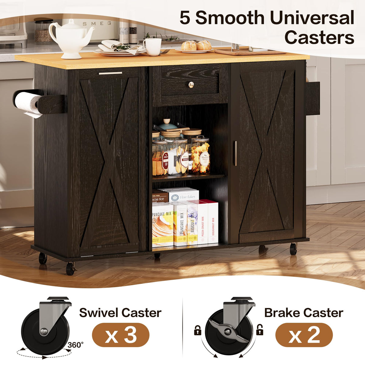 48" Modern Rolling Kitchen Island with Drop Leaf & Trash Can Storage, Mobile Island Table for Kitchen