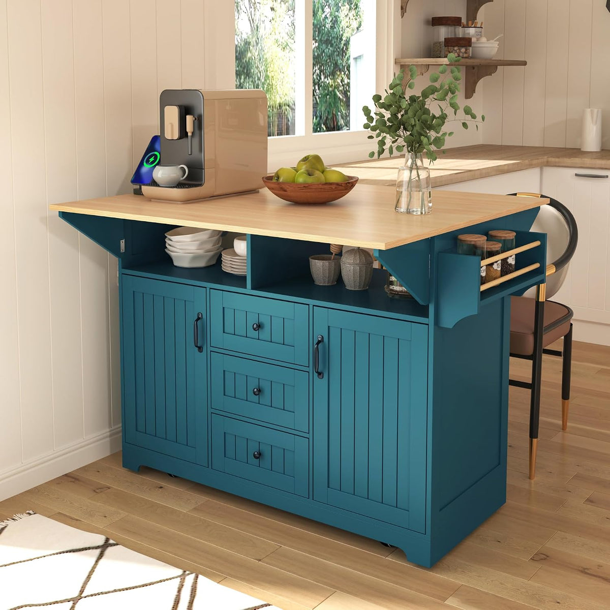55.7'' Kitchen Island with 2 Drop Leaf for 4-6 Seating, Rolling Kitchen Cart with Power Outlet, 3 Drawers, Spice & Towel Rack, Folding Dining Table for Home Dining Room (Teal)
