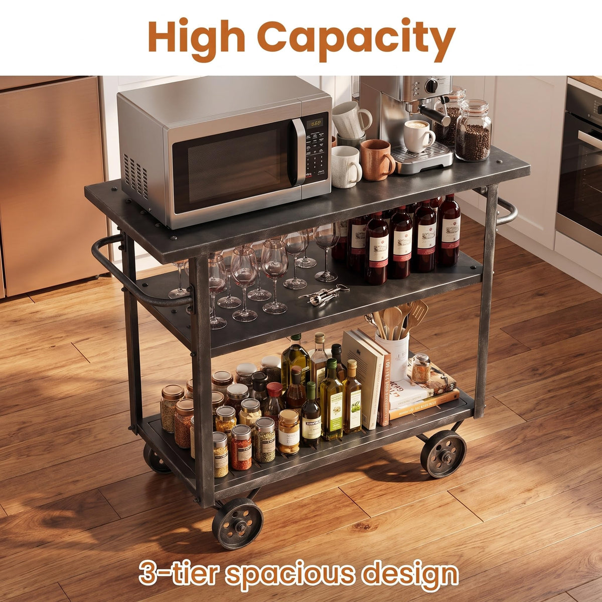 Vintage Rolling Bar Cart on Wheels Industrial Mobile Serving Cart Metal and Wood Design for Kitchen Bar Office Coffee House 36.2" Lx15.75 Wx30.5 H 3 Tier with 2 Side Handle