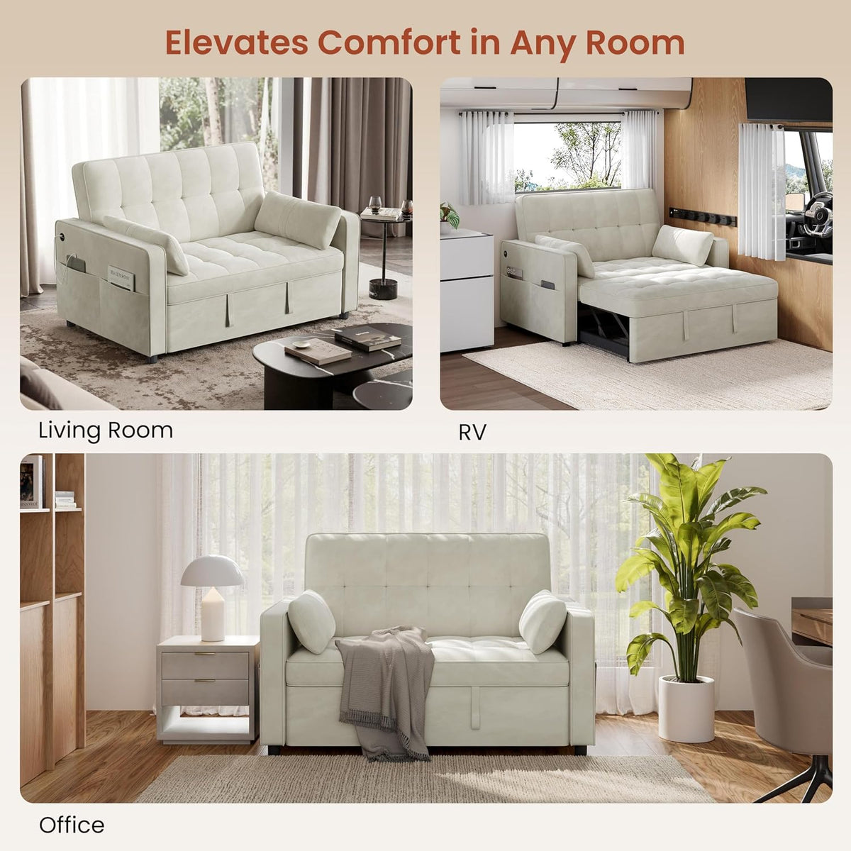 Yaheetech 3 in 1 Sofa Bed Convertible Sleeper Sofa with USB Ports, Beige