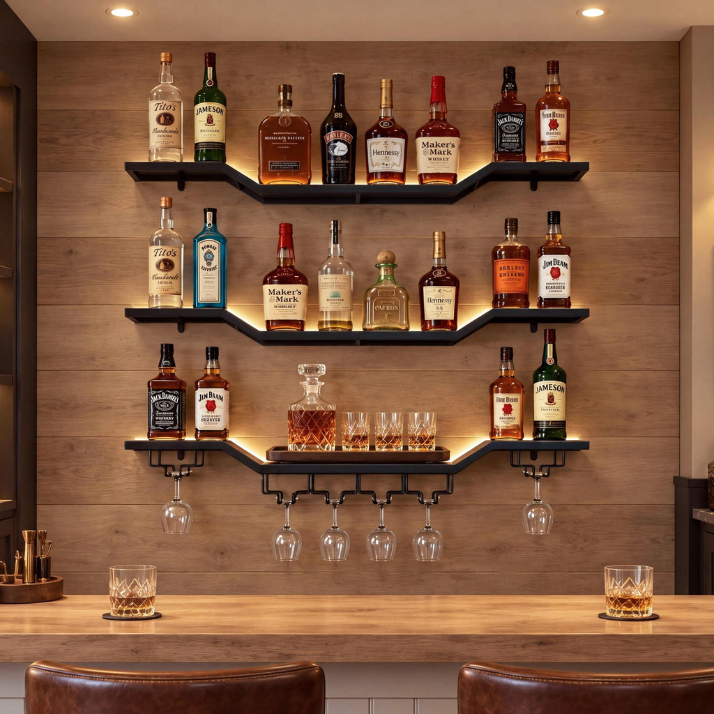 31.5" Wall Mounted Wine Rack with LED, 3-Tier Floating Bar Shelves