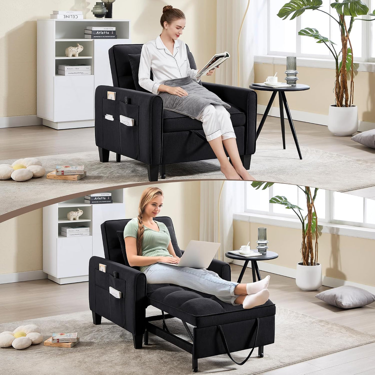 Convertible Sleeper Chair, 3 in 1 Sleeper Chair Bed Pull Out Sofa Bed Chairs, Single Sofa with Adjustable Backrest for Adults Reading Living Room, Bedroom, Black