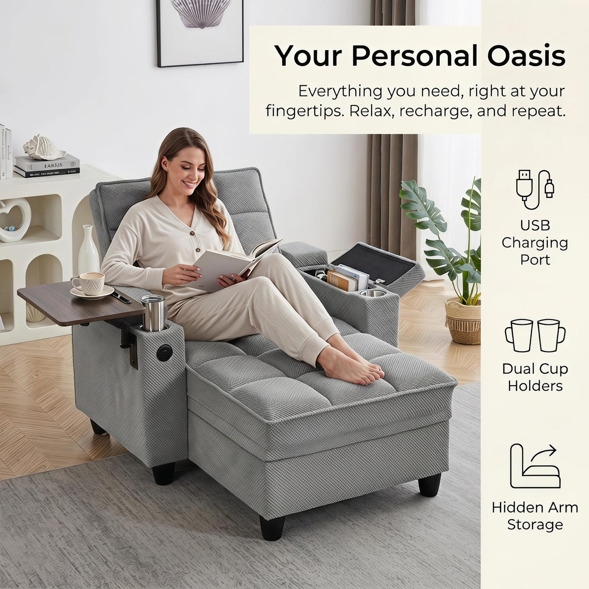 Convertible Sleeper Chair, Pull Out Sofa Bed with Adjustable Backrest & Hidden Storage Armrest, Single Sofa Recliner with USB Charging Port & Cup Holders for Living Room, Bedroom, Dark Gray