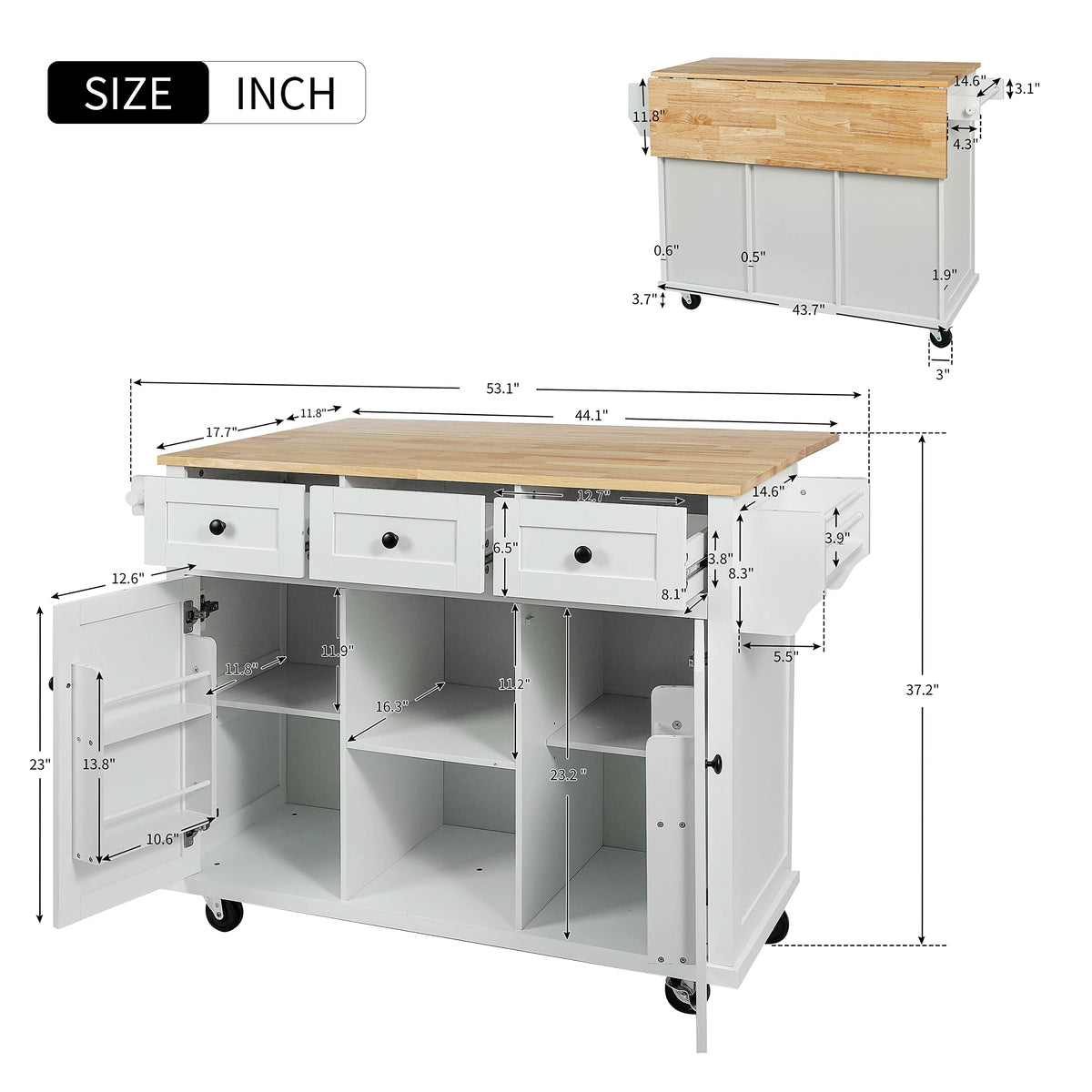 Ball & Cast Farmhouse Kitchen Island with Power Outlet,Dining Storage Island with Drop Leaf,Spice Rack and Drawer,Rolling Dining Cart on Wheels for Home,Kitchen,Dining Room,White,54"
