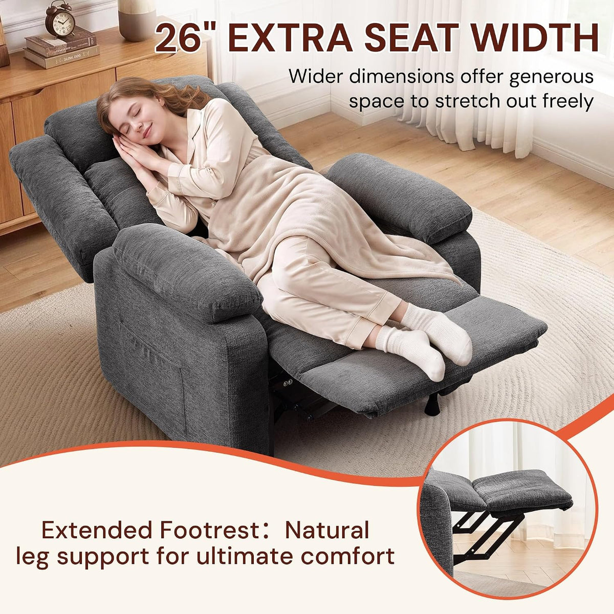 Korser Power Recliner Chair for Adults, Oversized Electric Recliner with Thickened Cushions, Reclining Chair for Bedroom, Living Room Chairs with Side Pockets, Chenille
