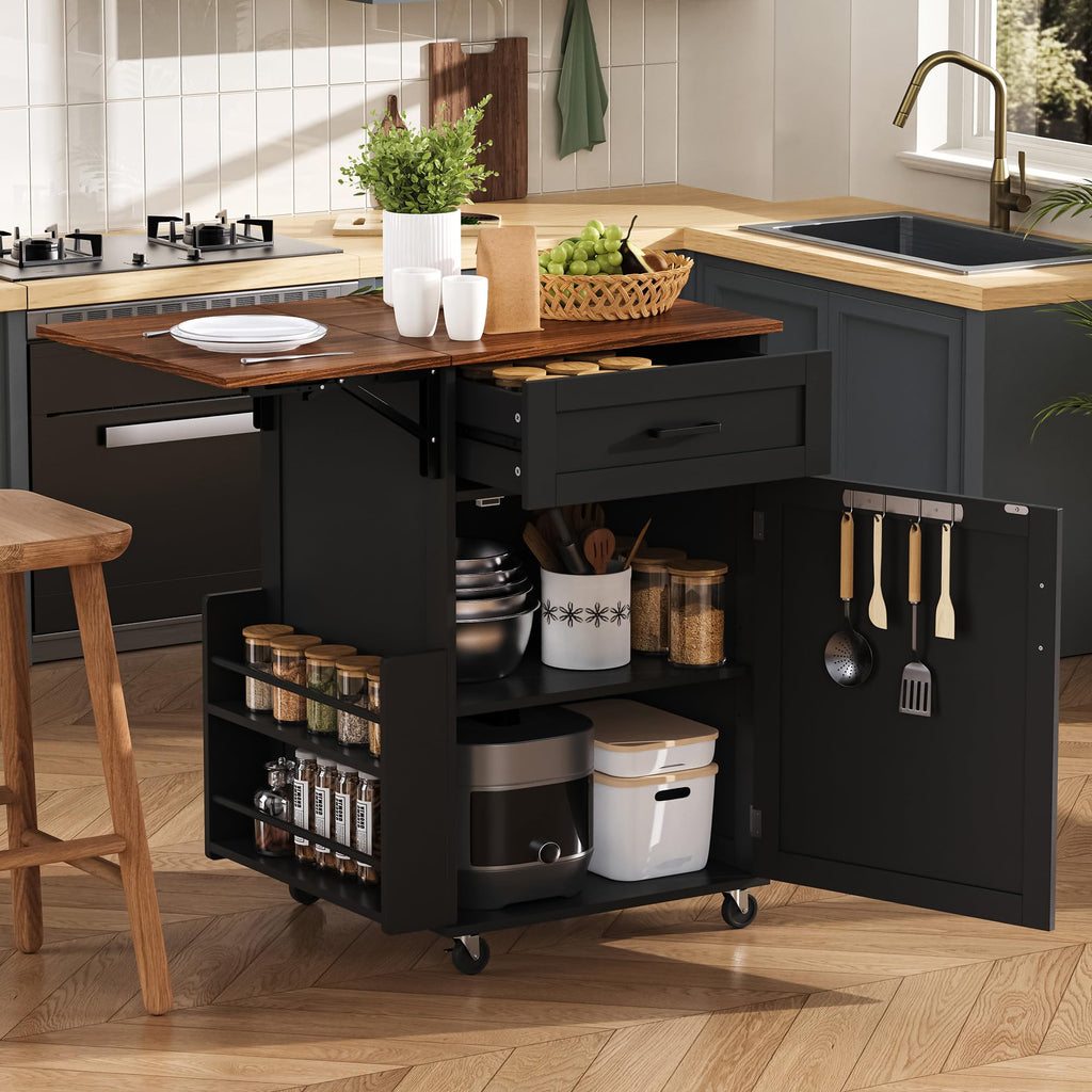 39.3"Farmhouse Kitchen Island with Open Side Rack and Drop Leaf and,Small Kitchen Rolling Cart with Drawer and Storage Cabinet, Narrow Mobile Dining Table with Lockable Wheels and Towel Rack White