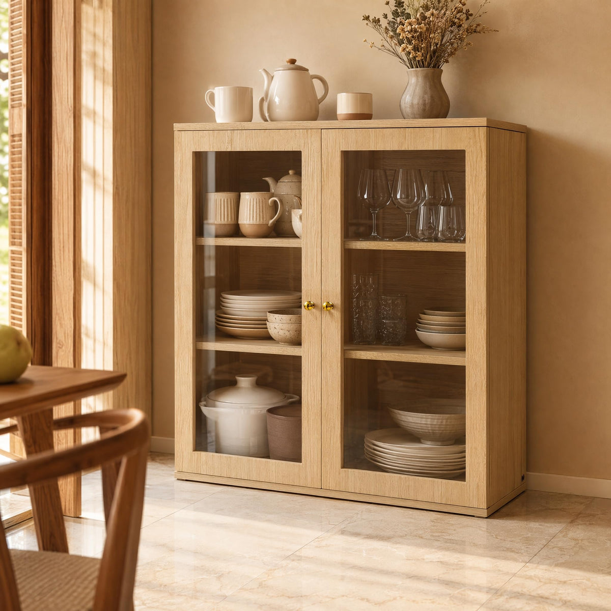 Liquor Cabinet with Wine Rack & Stemmed Holder & Drawer, Walnut
