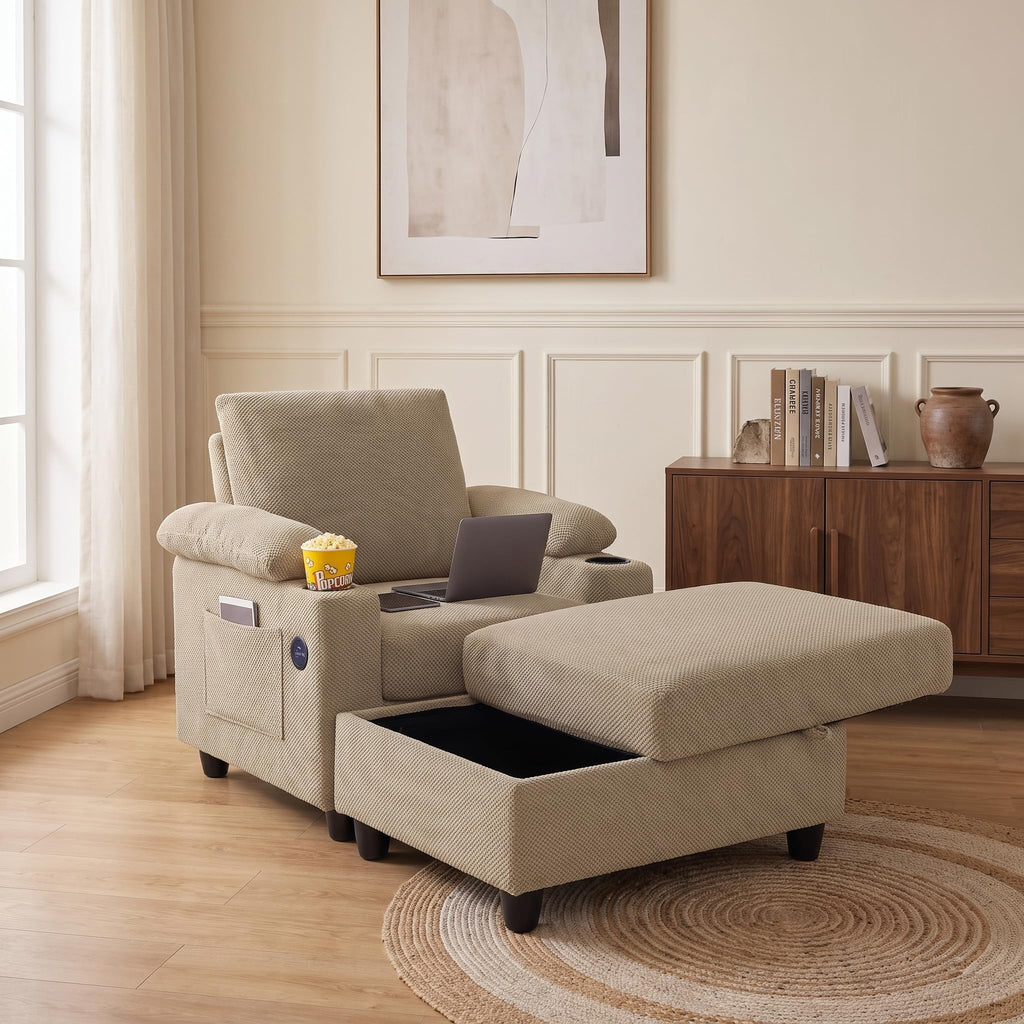 Convertible Sleeper Chair, Pull Out Sofa Bed with Adjustable Backrest & Hidden Storage Armrest, Single Sofa Recliner with USB Charging Port & Cup Holders for Living Room, Bedroom, Dark Gray