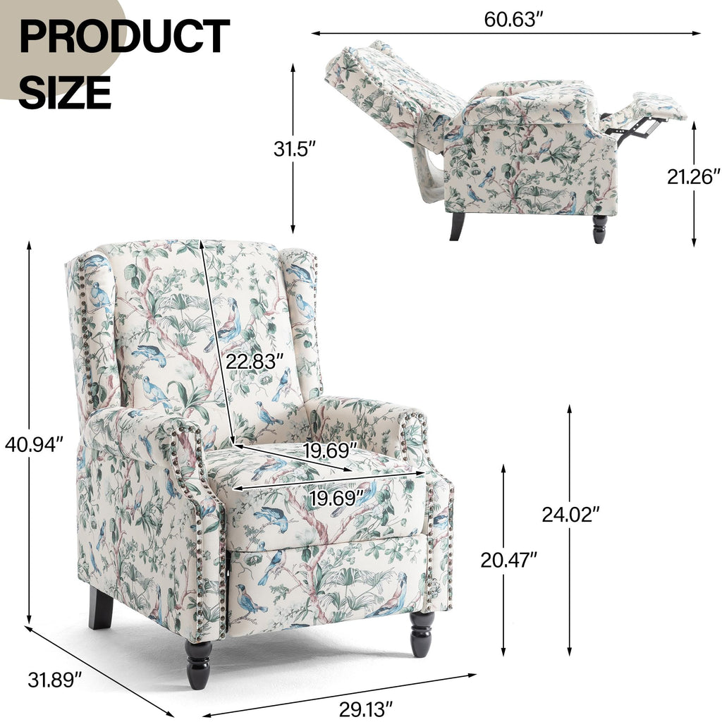 Wingback Floral Pushback Recliner Chair, Plants Beige, Set of 2