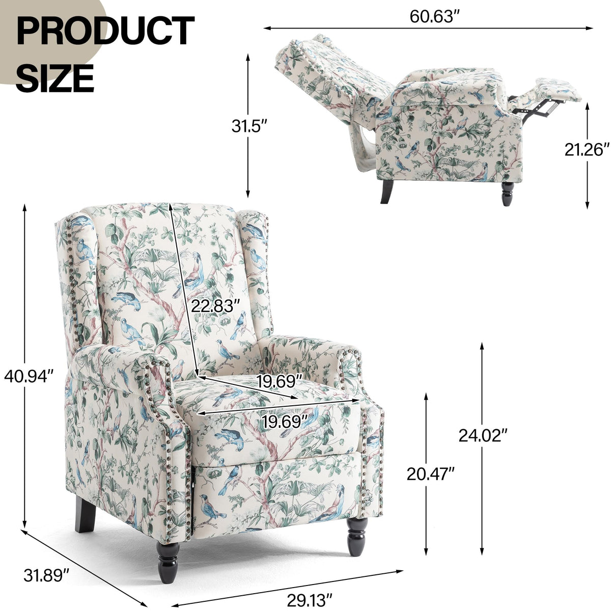 Wingback Floral Pushback Recliner Chair, Plants Beige, Set of 2