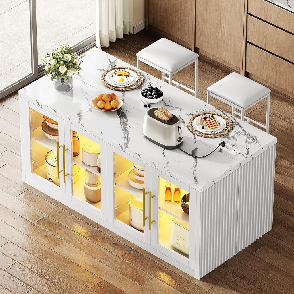 Kitchen Island with Storage, 55" Large Island Table with LED Light