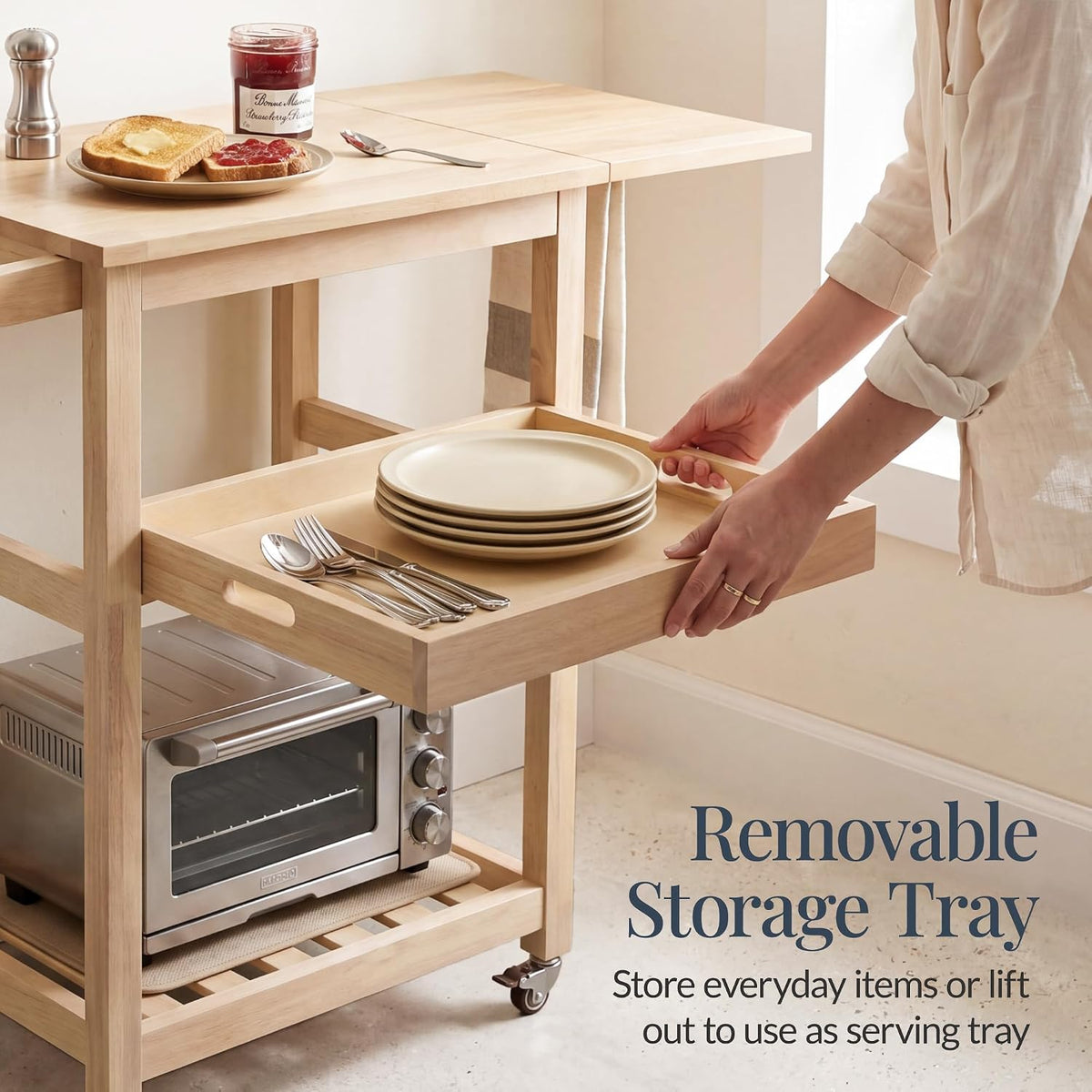 Best Choice Products Rolling Kitchen Island Cart W/Drop Leaf Extension, Solid Wood, Removable Tray, Storage Shelf, Towel Rack, Lockable Wheels, Space-Saving Coffee Cart, Microwave Stand