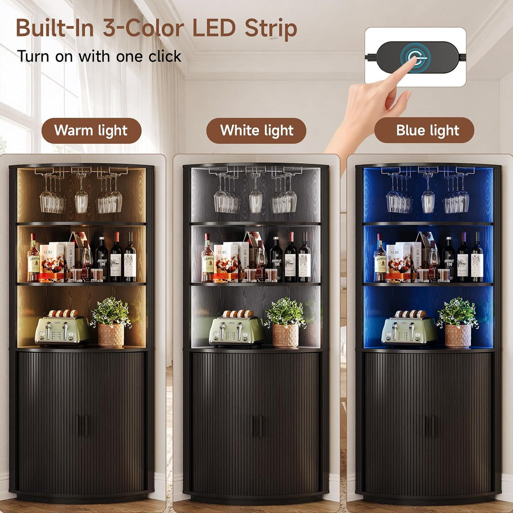 ComfyCorner 72" Tall Corner Bar Cabinet with LED Lights & Sliding Door