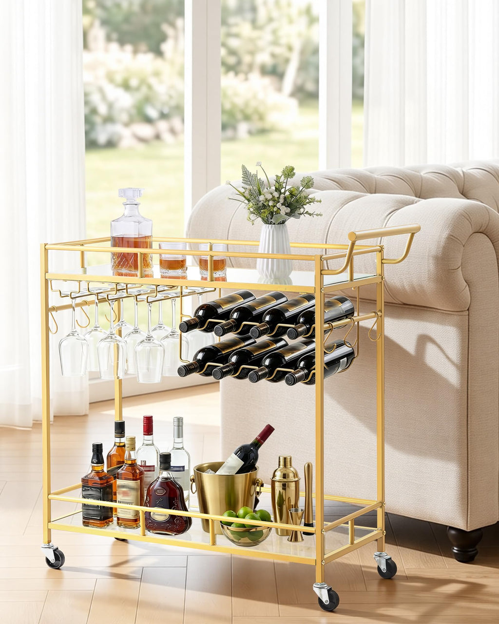 VEVOR Bar Cart, 3 Tiers Home Kitchen Serving Carts, Modern Rolling Utility Station on Wheels, Drink Beverage Trolley with Tempered Glass Shelves, Wine Rack, Glass Holder, for Living Dining Room, Gold
