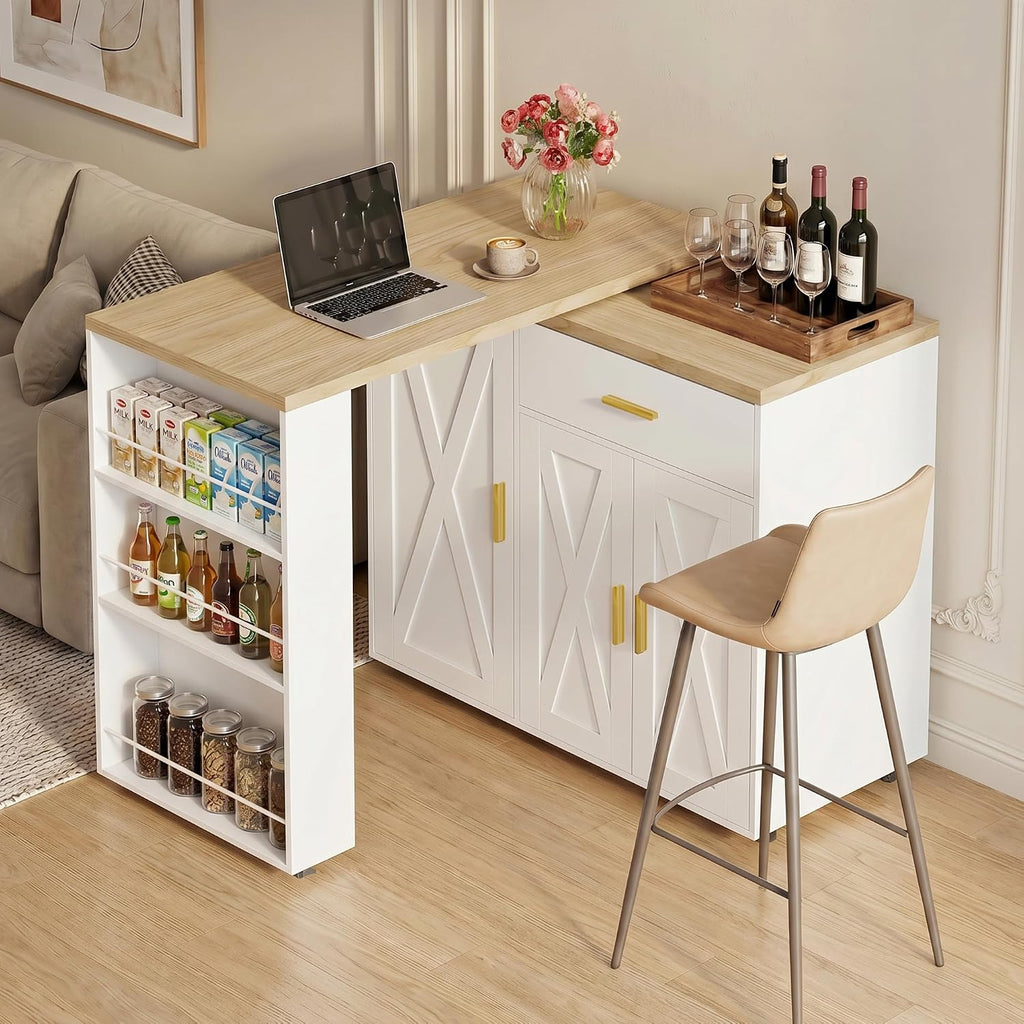 DreamDashio Kitchen Island with Storage, Rolling Kitchen Island with Swivel Table, Drawers & Shelves, Mobile Kitchen Island Cart with 360Â° Swivel Extendable Dining Table for Kitchen, Dining Room