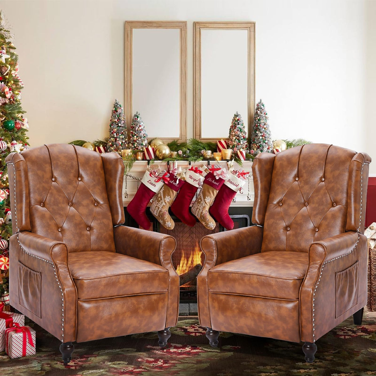 Wingback Recliner Chair - Tufted Arm Chair Recliner - Fabric Push Back Single Sofa for Living Room Adjustable Backrest (Blue Floral)