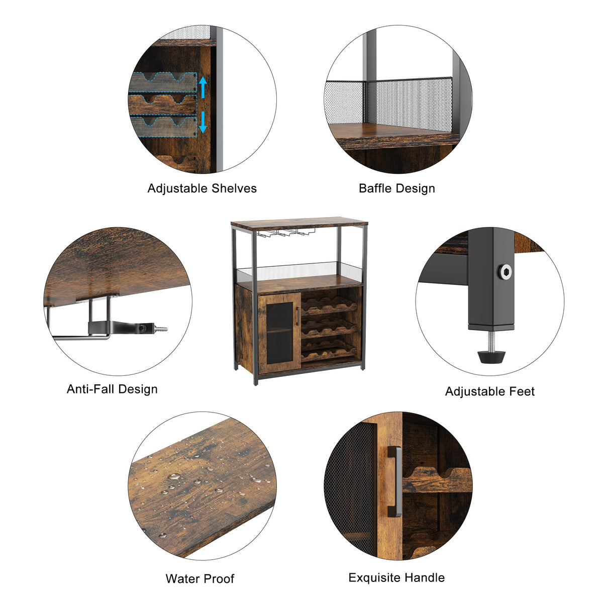Jojoka 3 Tier Wine Bar Cabinet with LED Lights, Adjustable Storage, Liquor Rack, Glass Holder, Mesh Door, Multi Functional Coffee Bar Sideboard Buffet for Home, Dining Room