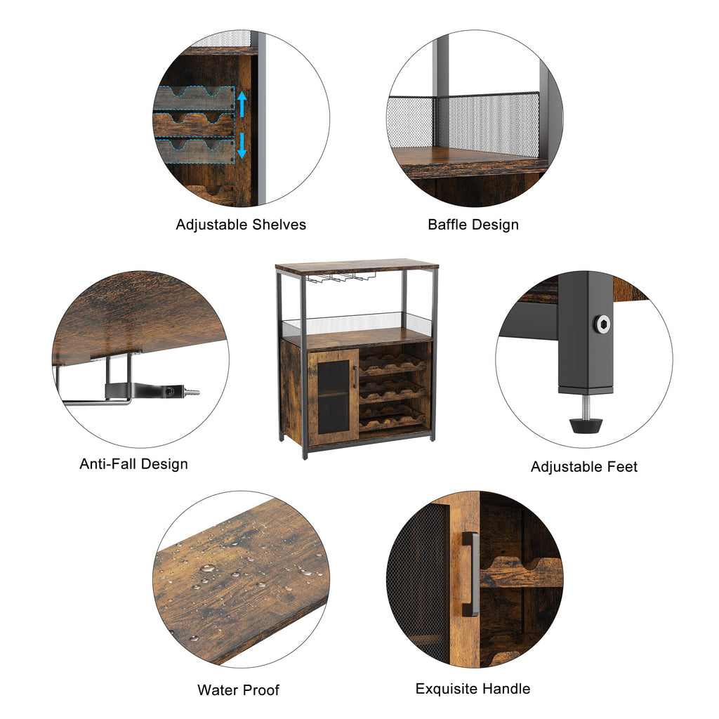 Wine Bar Cabinet, 3-Tier Detachable Wine Rack, Stemware Glass Holder, Mesh Door & Storage Shelves, Liquor Storage Buffet Sideboard for Kitchen, Dining Room, Living Room or Home Bar - Black