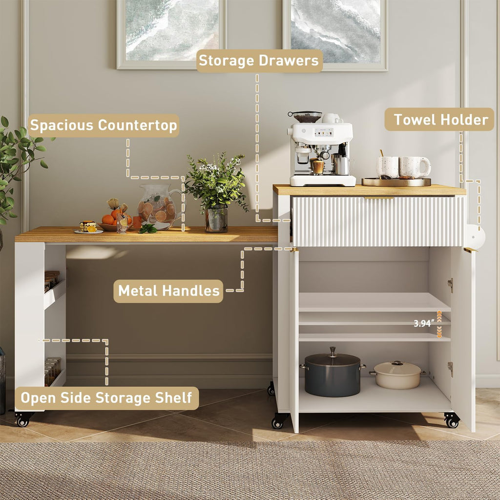 Rolling Kitchen Island with Extendable Dining Table, 75.8" Kitchen Cart on Wheels, Mobile Island Table with Storage Drawers, Open Side Shelf& Power Outlet for Kitchen, Dining Room (White)