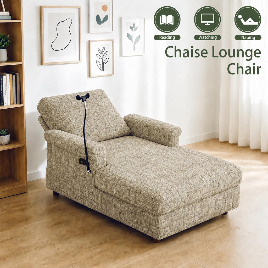 EJUNQ 66.5" Oversized Chaise Lounge Chair Indoorï¼Cozy Sofa Bed with Phone Holder and USB Chargerï¼Upholstered Deep Seat Sleeper Sofa Bedï¼Comfy Single Sofa Armchair for Living Room, Grey