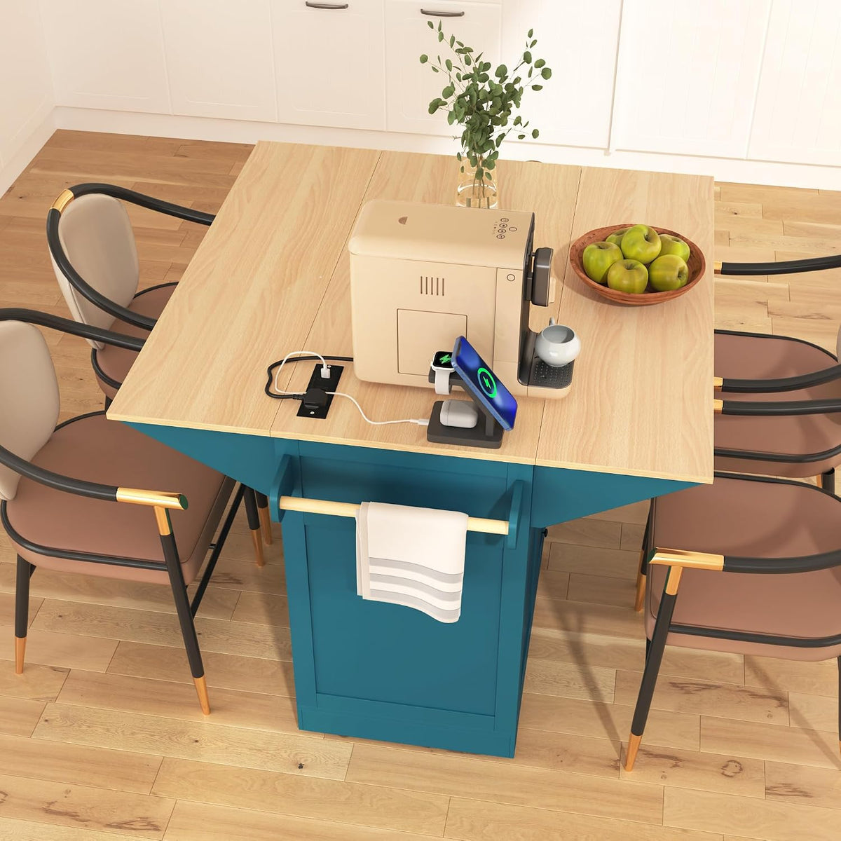 55.7'' Kitchen Island with 2 Drop Leaf for 4-6 Seating, Rolling Kitchen Cart with Power Outlet, 3 Drawers, Spice & Towel Rack, Folding Dining Table for Home Dining Room (Teal)