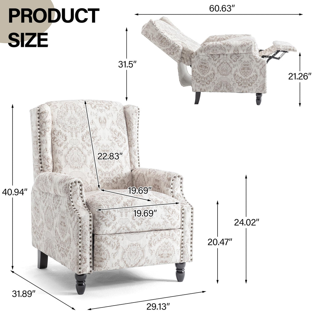 Wingback Floral Pushback Recliner Chair, Plants Beige, Set of 2