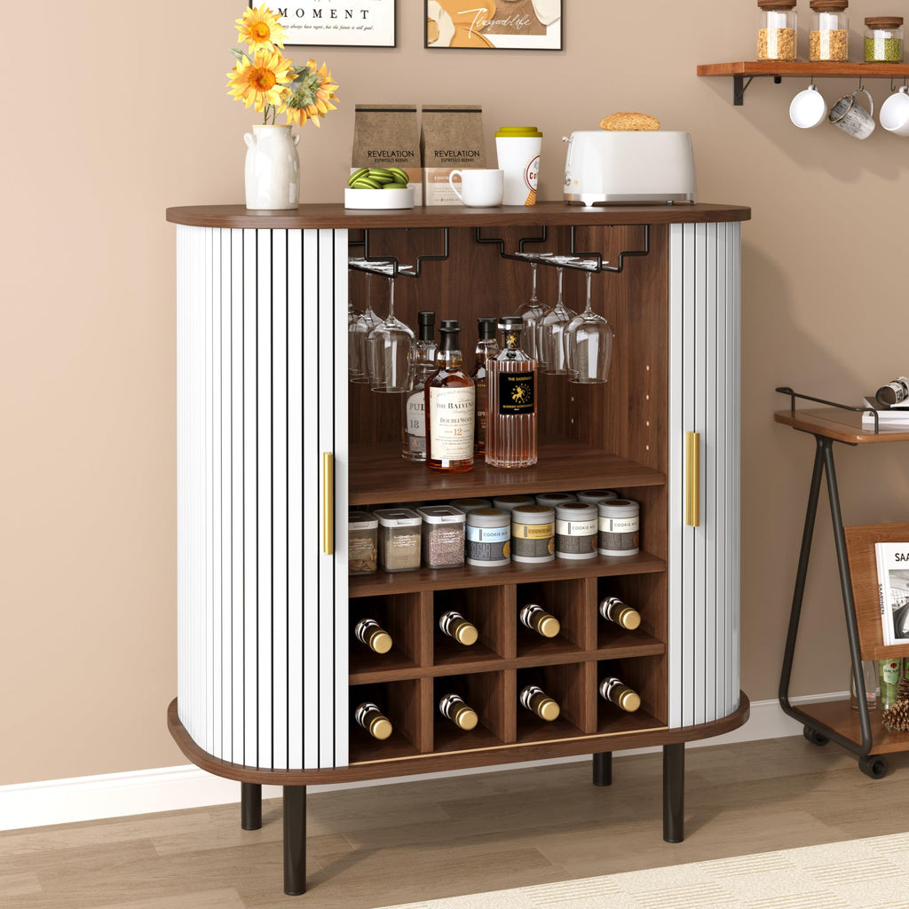 28" Fluted Wine Bar Cabinet with Storage, Modern Liquor Cabinets, Walnut