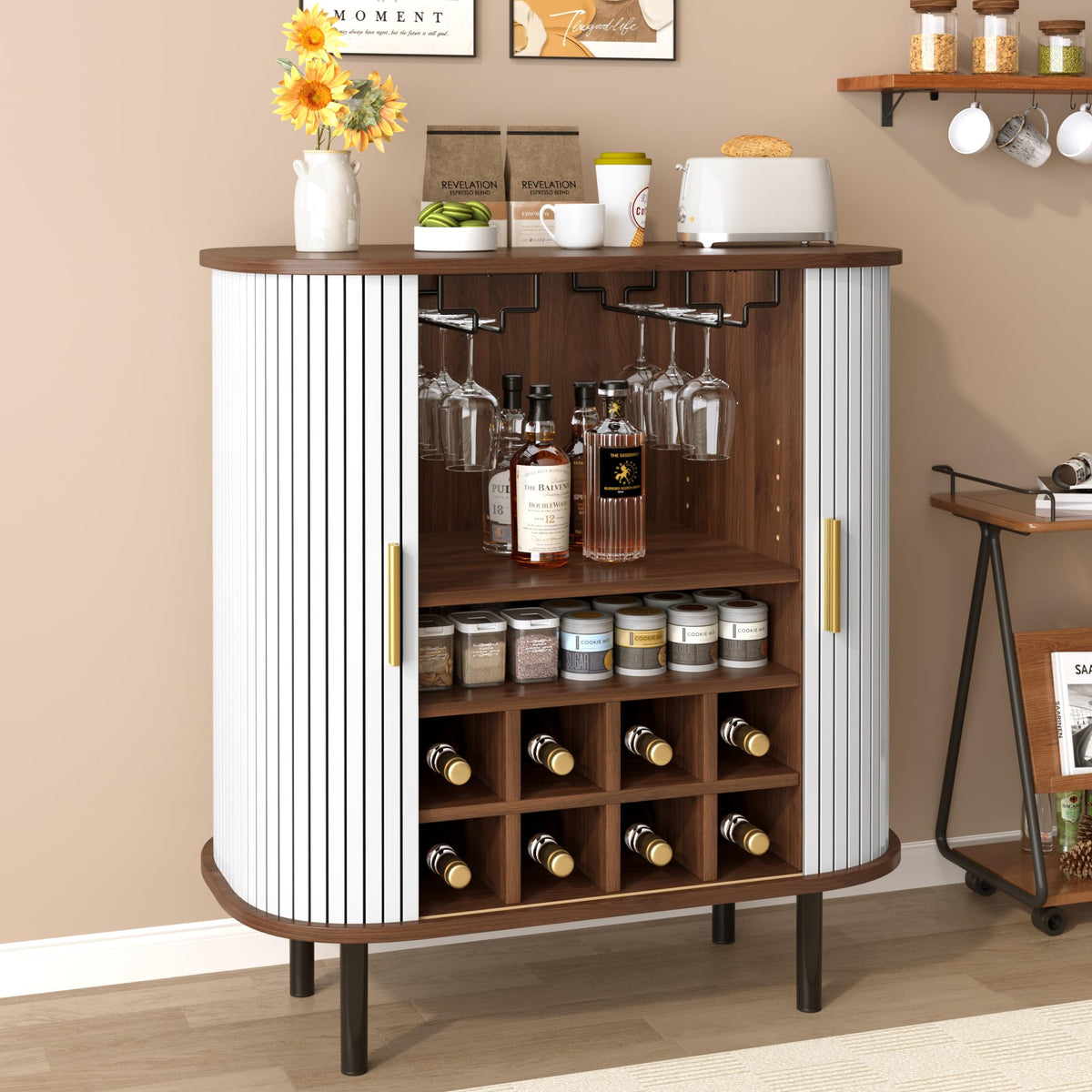 28" Fluted Wine Bar Cabinet with Storage, Modern Liquor Cabinets, Walnut