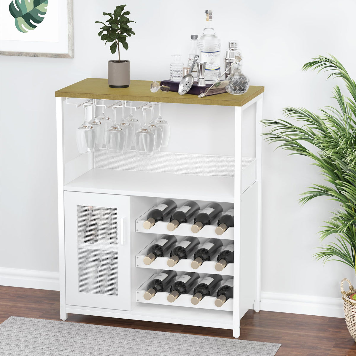 GarveeHome Wine Bar Cabinet with LED Lights, Liquor Cabinet with Storage