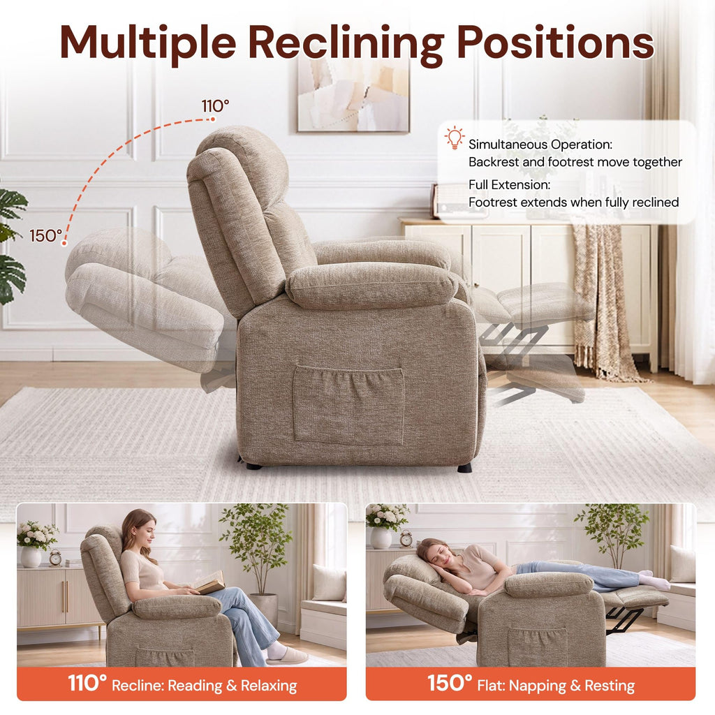 Korser Power Recliner Chair for Adults, Oversized Electric Recliner with Thickened Cushions, Reclining Chair for Bedroom, Living Room Chairs with Side Pockets, Chenille