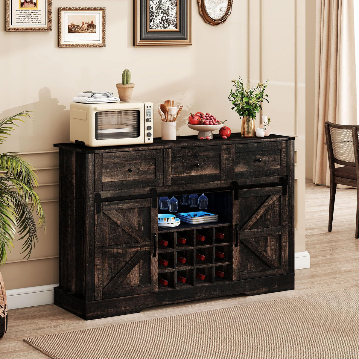 GIANTEX Wine Bar Cabinet with LED Lights, 52" Buffet Sideboard w/Sliding Barn Door, 3 Drawer, Adjustable Shelf, 12 Bottle Wine Rack & Glass Holder, Farmhouse Coffee Station for Living Room