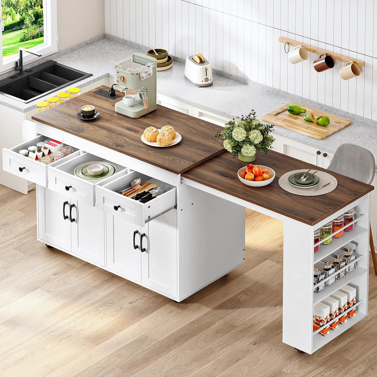 HOOBRO Extendable Kitchen Island with Extended Table & Power Outlet