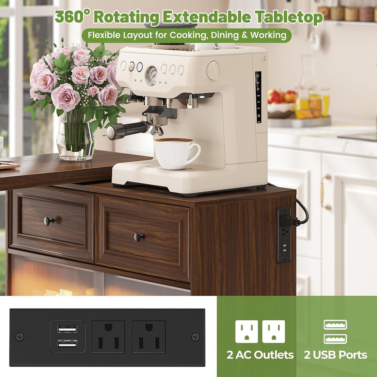 69" Kitchen Island with 360Â° Rotating Table,LED Lighting, Adjustable Shelves, Storage Cabinet & Power Outlet â Walnut Finish Extendable Dining Table for Kitchen, Dining Room, Bar