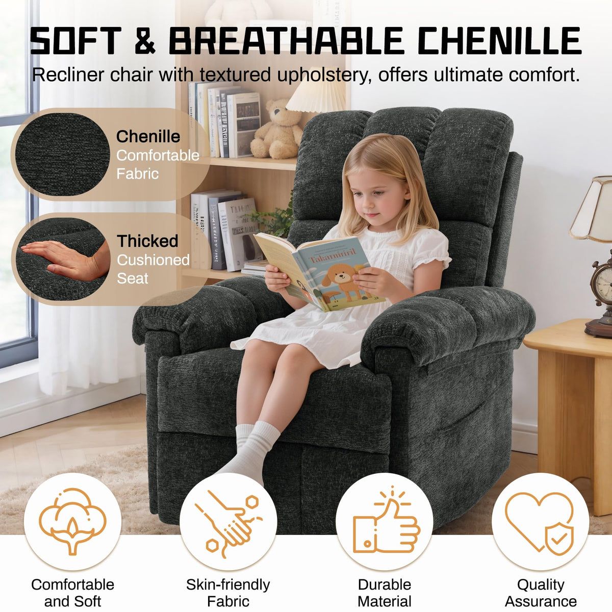 Korser Recliner Chair, Living Room Recliner Chairs for Adults, Small Recliners for Small Spaces, Upholstered Manual Recliner with Side Pockets, Comfy Nursery Chair for Living Room, Chenille, Beige
