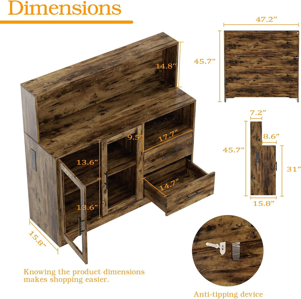Home Bar Cabinet with Adjustable RGB LED Light, Wine & Coffee Storage with Rack & Drawers, Charging Station, Modern Liquor Cabinet for Living & Dining Room, All-in-One Wine Bar Cabinet (Rustic)