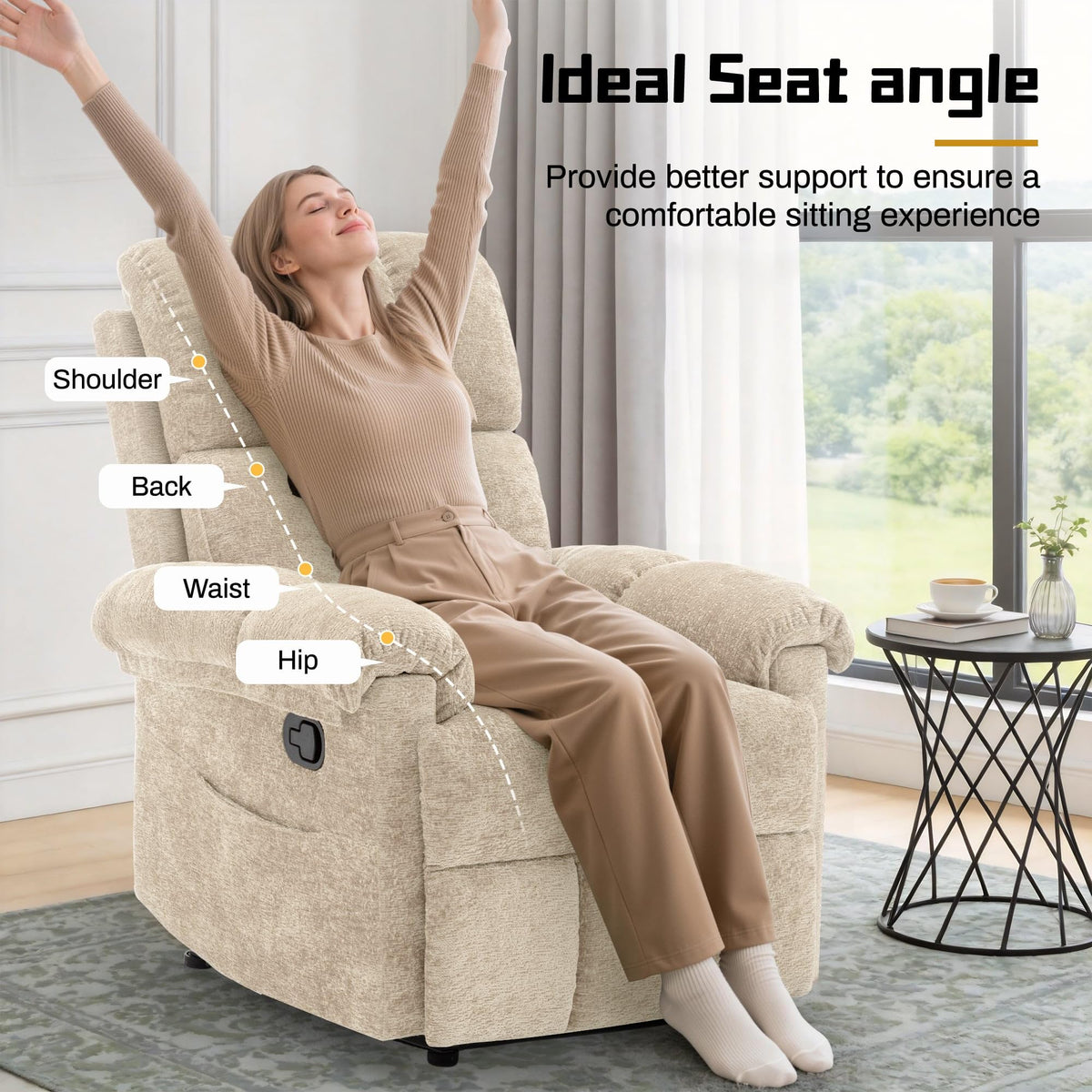 Korser Recliner Chair, Living Room Recliner Chairs for Adults, Small Recliners for Small Spaces, Upholstered Manual Recliner with Side Pockets, Comfy Nursery Chair for Living Room, Chenille, Beige