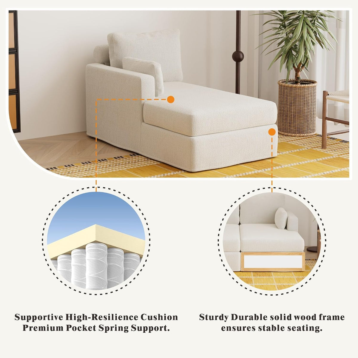 Modern 32''W Chaise Lounge with Armrest (Hold Right Arm), Indoor Recliner, Comfy Deep Seat Sleeper Chair Single Sofa Bed for Apartment, Living Room, Ivory L.