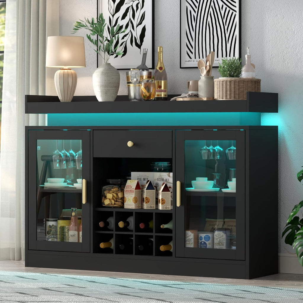 Wine Bar Cabinet with LED Light, Home Coffee Bar Cabinet w/ Wine&Glass Rack