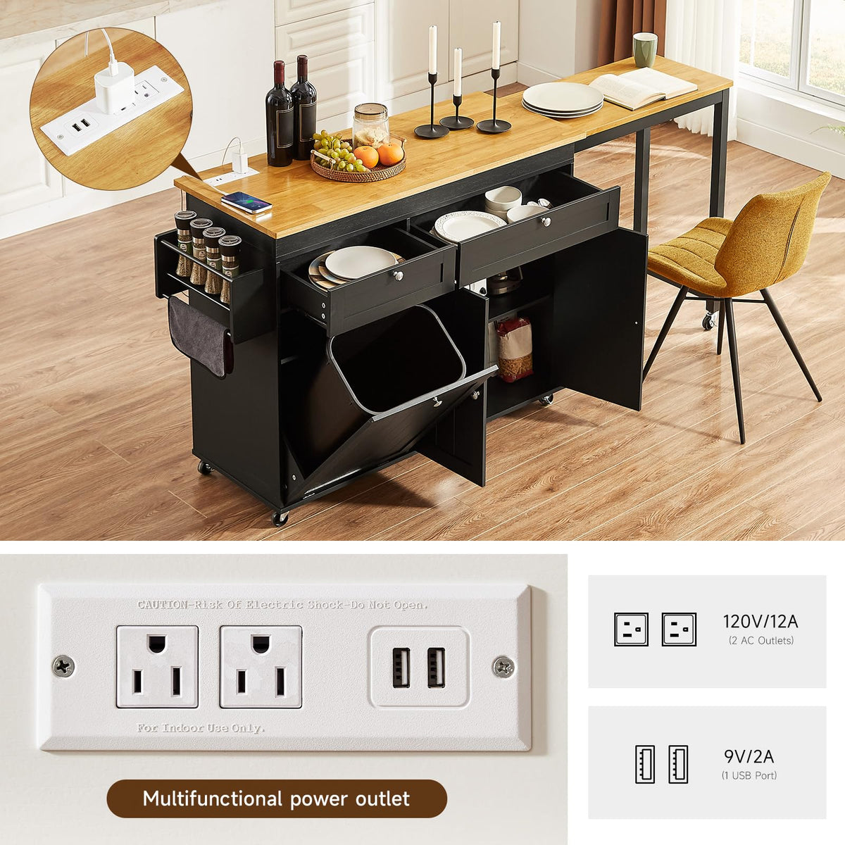Kitchen Islands with Extendable Dining Table, Mobile Storage Islands, White