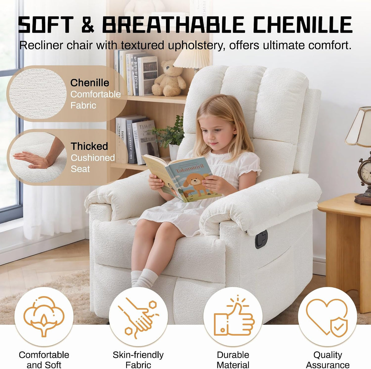 Korser Recliner Chair, Living Room Recliner Chairs for Adults, Small Recliners for Small Spaces, Upholstered Manual Recliner with Side Pockets, Comfy Nursery Chair for Living Room, Chenille, Beige