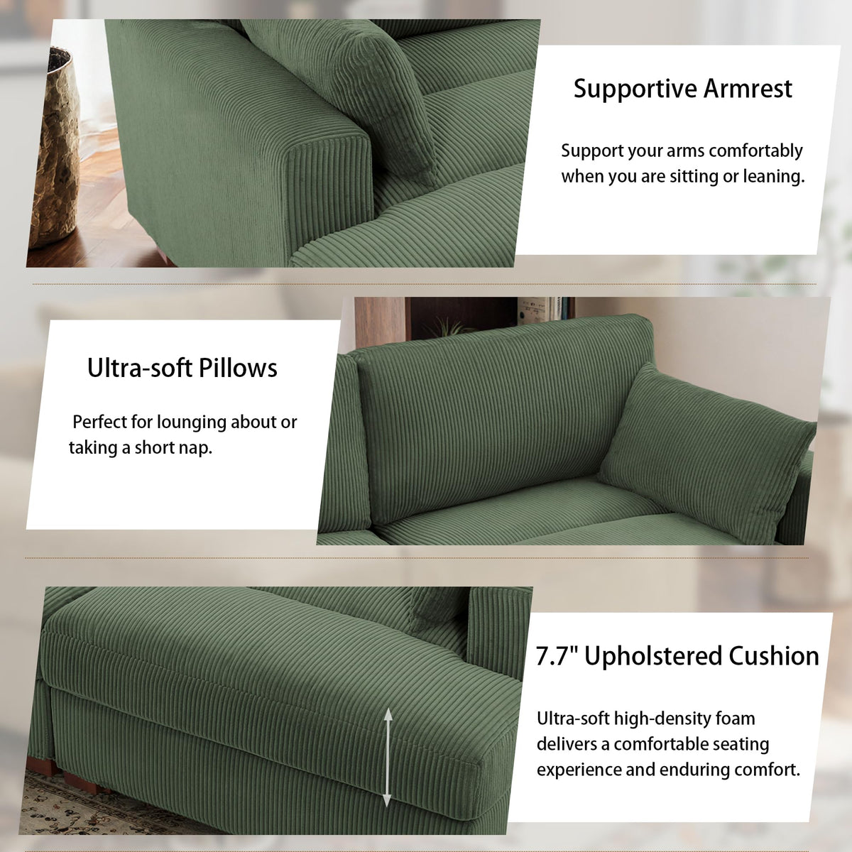Oversized Corduroy Chaise Lounge Chair with Right Armrest & Cushion, Comfy Upholstered Sleeper Sofa Indoor Recliner Seat Solid Wood Couch w/Washable Cover for Bedroom, Living Room - Orange
