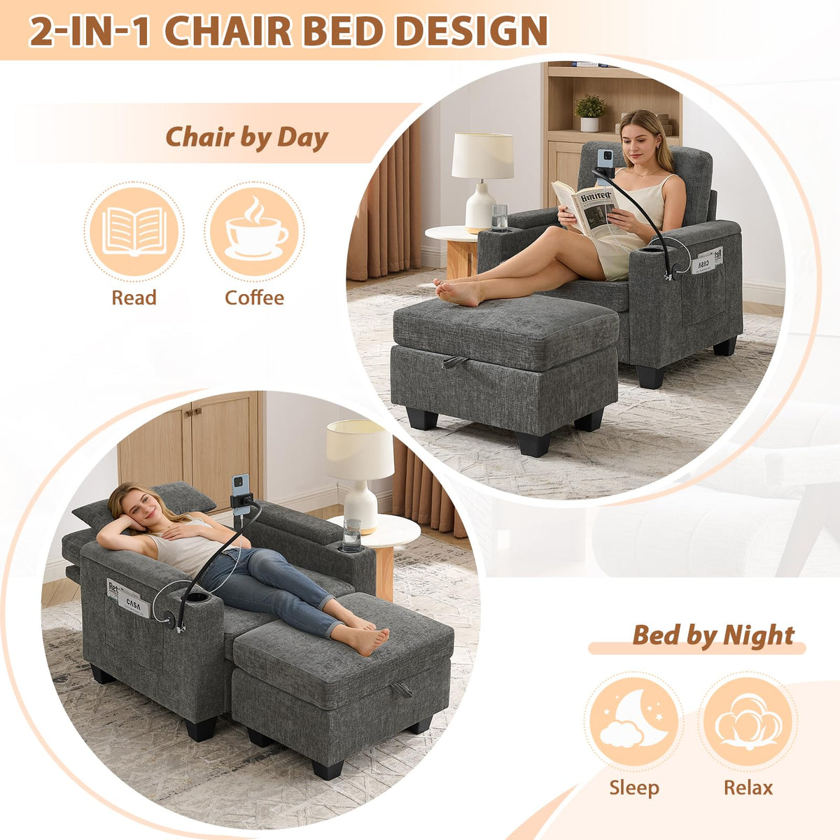 Oversized Chaise Lounge Chair Indoor, Single Convertible Recliner Reading Arm Sofa Chair W/Adjustable Backrest & Charging Port Couch Bed for Living Room, Home Theater & Bedroom, Brown