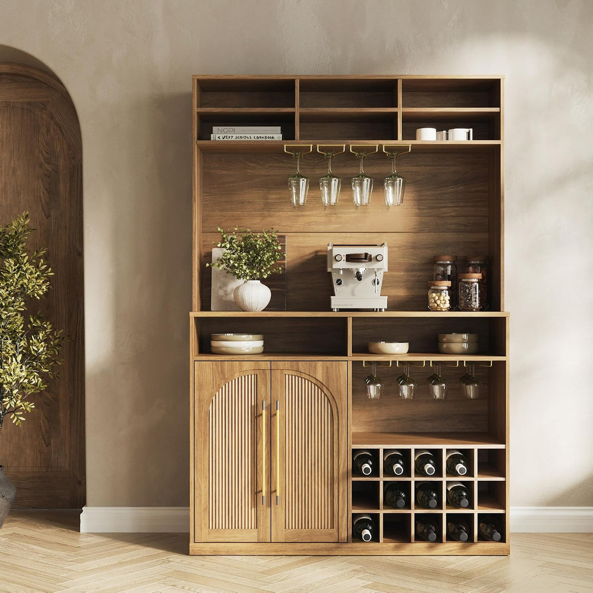 BELLEZE Jagger Bar Cabinet with Wine Rack & 8 Stemware Glass Holders, 72" Tall Liquor Coffee Bar Storage Cabinet with Adjustable Shelves, Fluted Doors & Golden Metal Handles, Camel