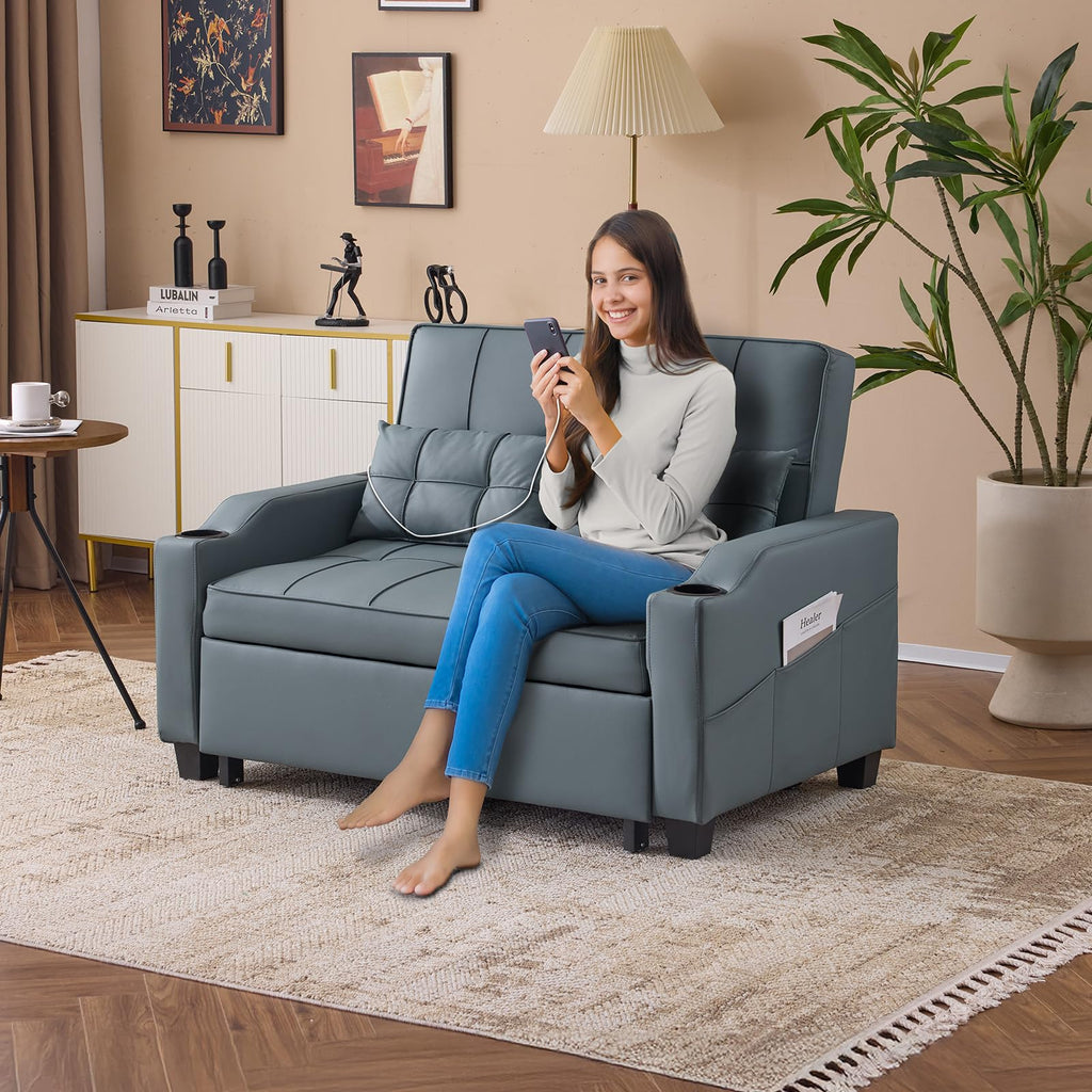 VINGLI Light Grey Futon Sofa Bed Convertible Loveseat Sleeper Couch, Faux Leather Pullout Sofa Fold Out Couch Bed with USB Ports, Cup Holders, Armrest for Living Room, Bedroom Apartment Room