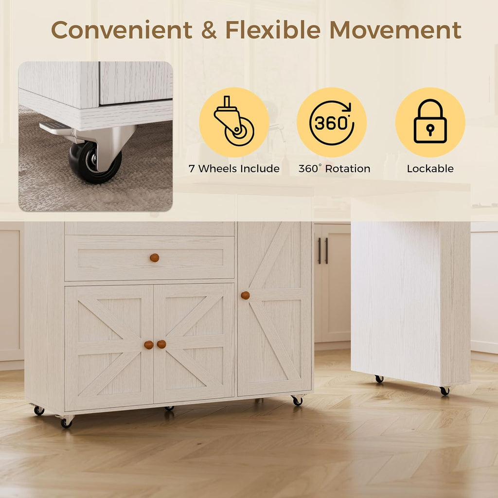 IRONCK Rolling Kitchen Island with 360Â° Swivel Table and Storage, White